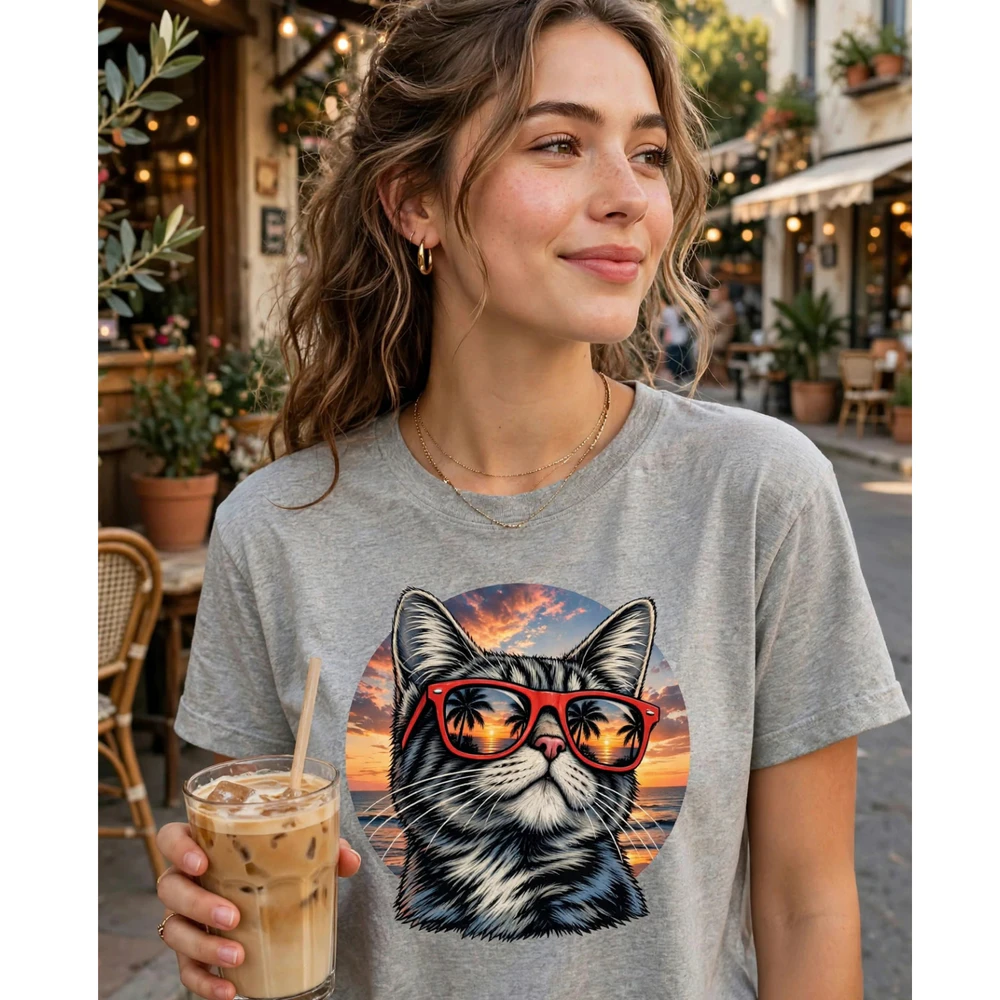 Cool Sunset Vacation Cat Graphic Tee Campaign