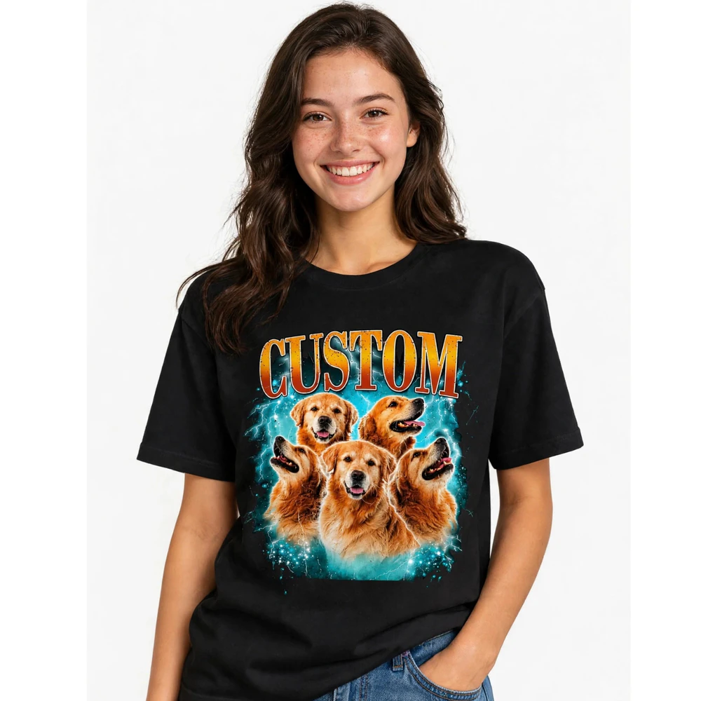 Custom Dog Photo T-Shirt - Vintage 90s Bootleg Rap Tee Dog Design, Personalized Pet Portrait Shirt, Comfort Colors Custom Gift for Dog Mom Dad