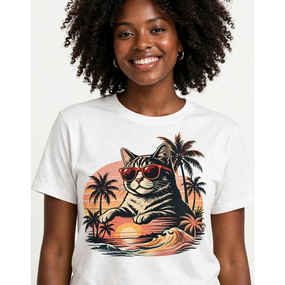 Cool Retro Sunset Cat Graphic Tee