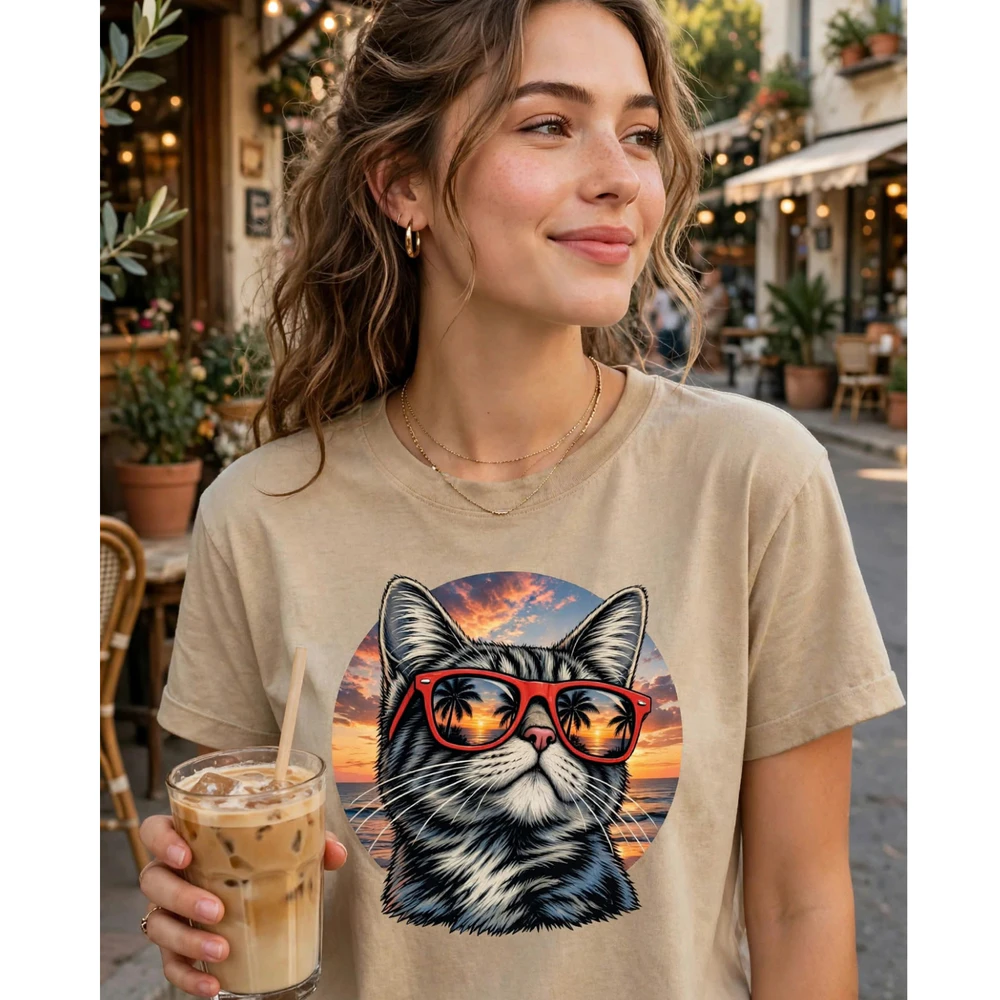 Cool Sunset Vacation Cat Graphic Tee Campaign