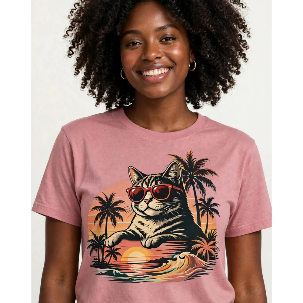 Cool Retro Sunset Cat Graphic Tee