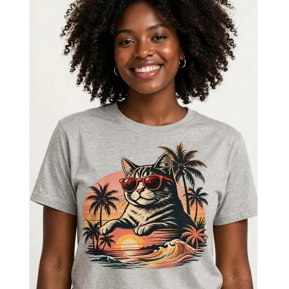 Cool Retro Sunset Cat Graphic Tee