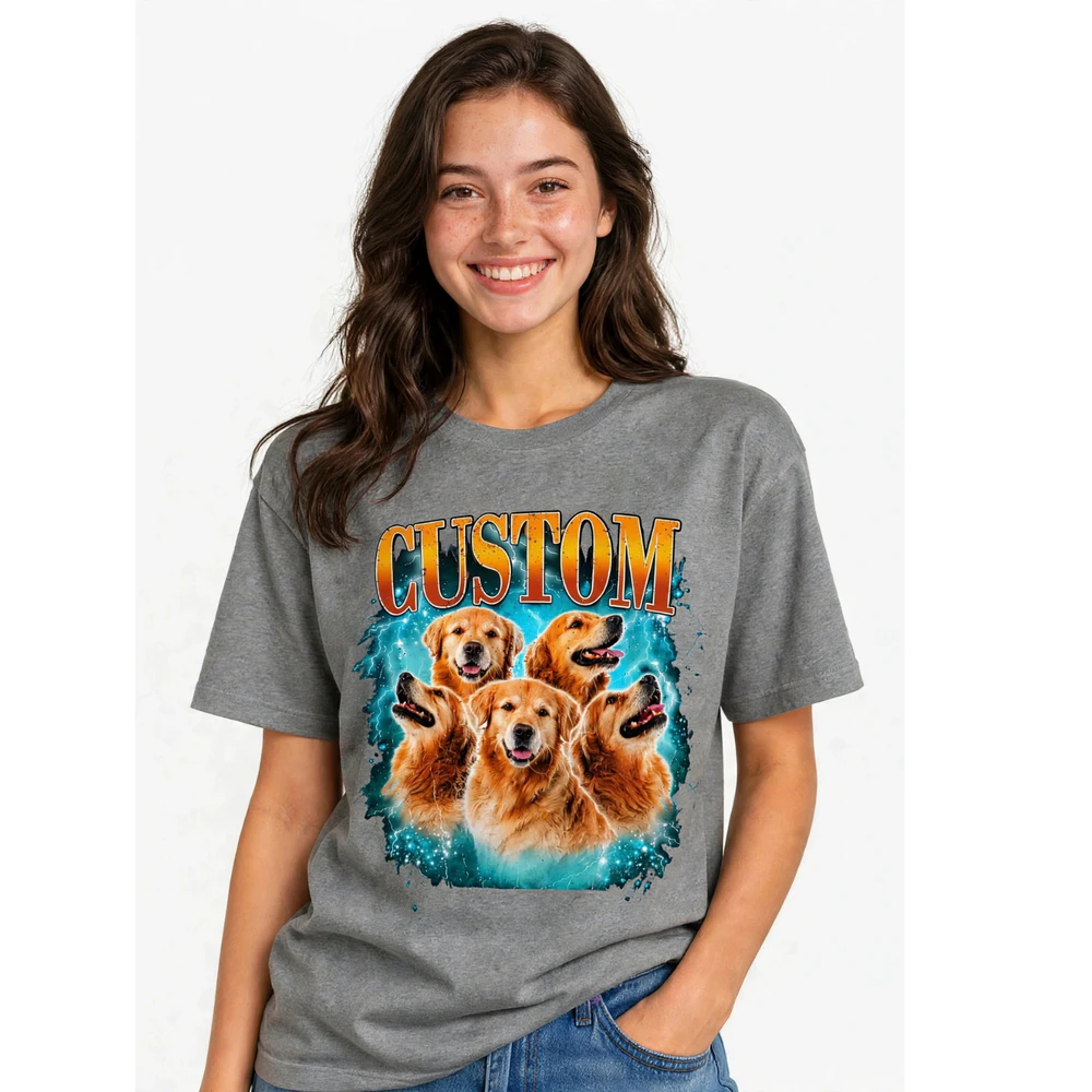 Custom Dog Photo T-Shirt - Vintage 90s Bootleg Rap Tee Dog Design, Personalized Pet Portrait Shirt, Comfort Colors Custom Gift for Dog Mom Dad