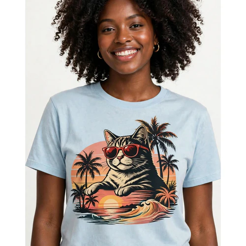 Cool Retro Sunset Cat Graphic Tee