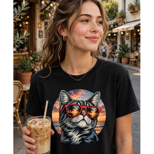Cool Sunset Vacation Cat Graphic Tee Campaign
