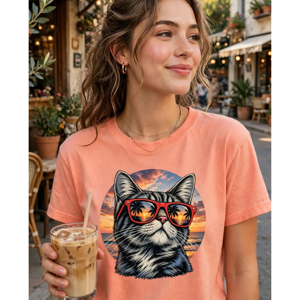 Cool Sunset Vacation Cat Graphic Tee Campaign