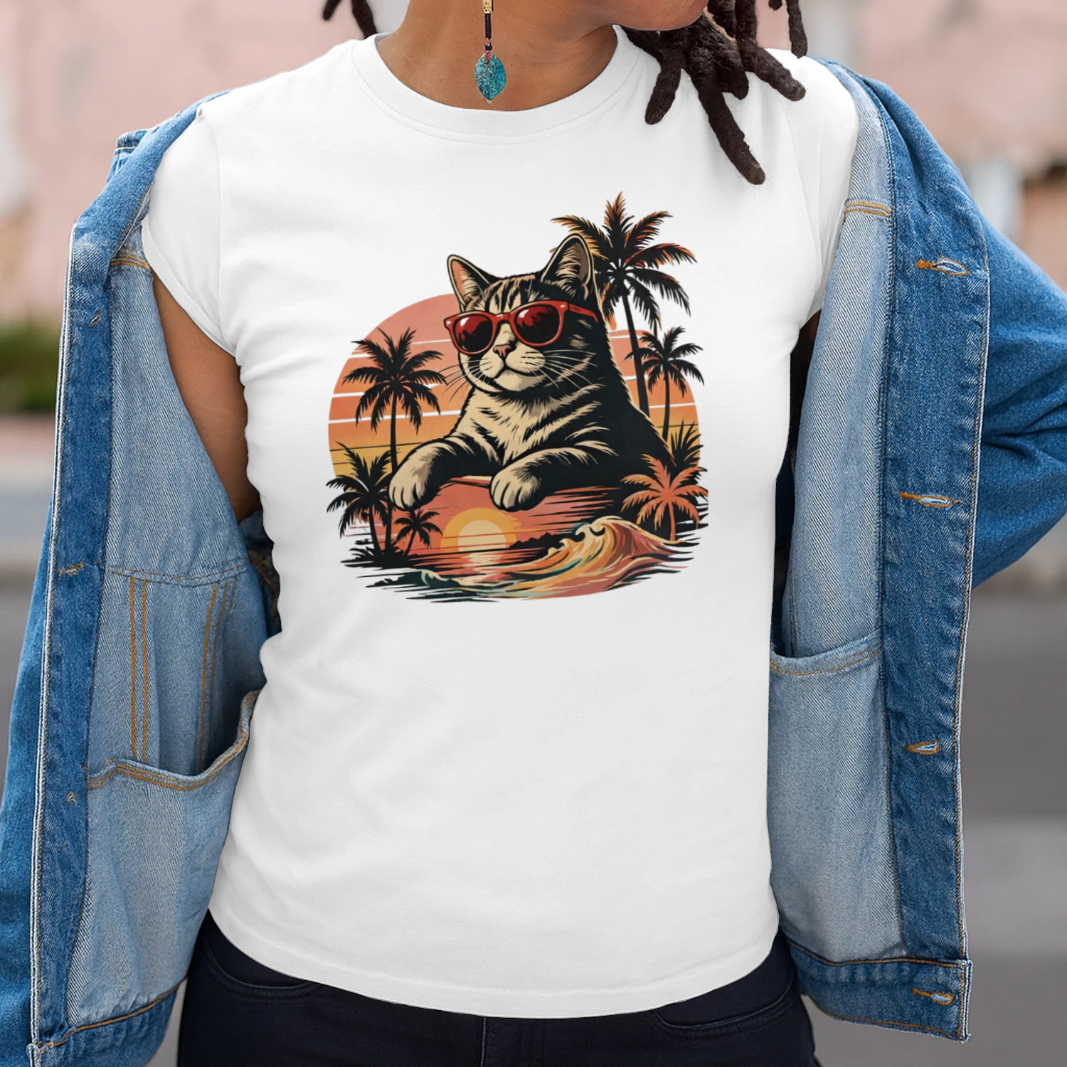 Cool Retro Sunset Cat Graphic Tee