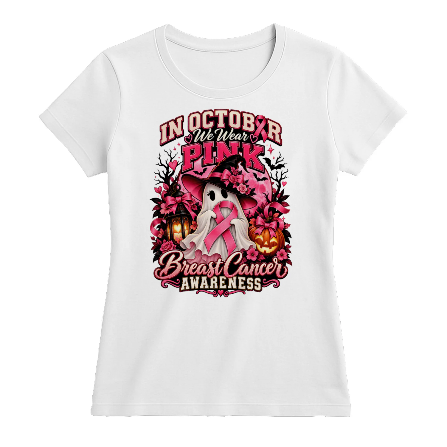 in october we wear pink, Ghost Witch Breast Cancer Awareness Halloween T-Shirt
