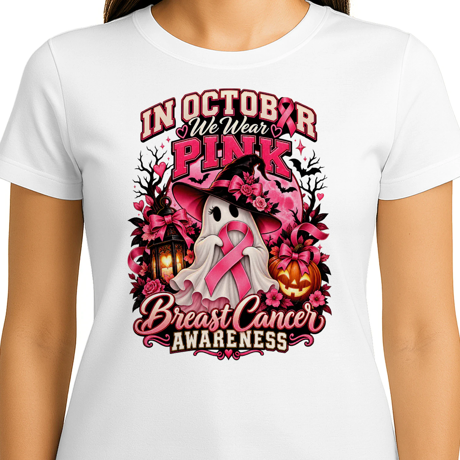 in october we wear pink, Ghost Witch Breast Cancer Awareness Halloween T-Shirt