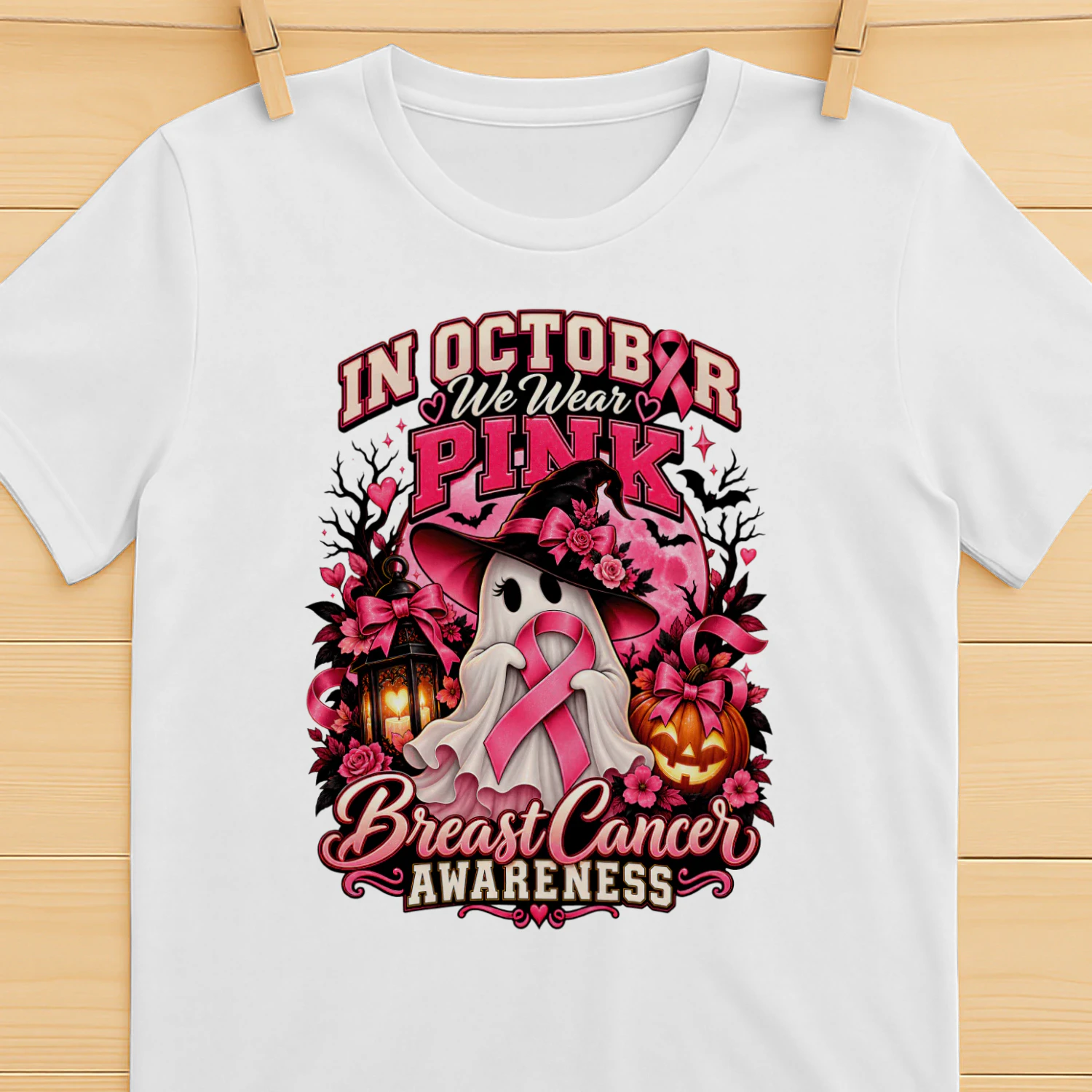 in october we wear pink, Ghost Witch Breast Cancer Awareness Halloween T-Shirt