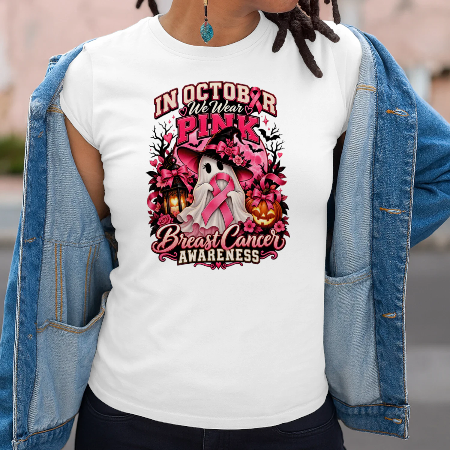 in october we wear pink, Ghost Witch Breast Cancer Awareness Halloween T-Shirt