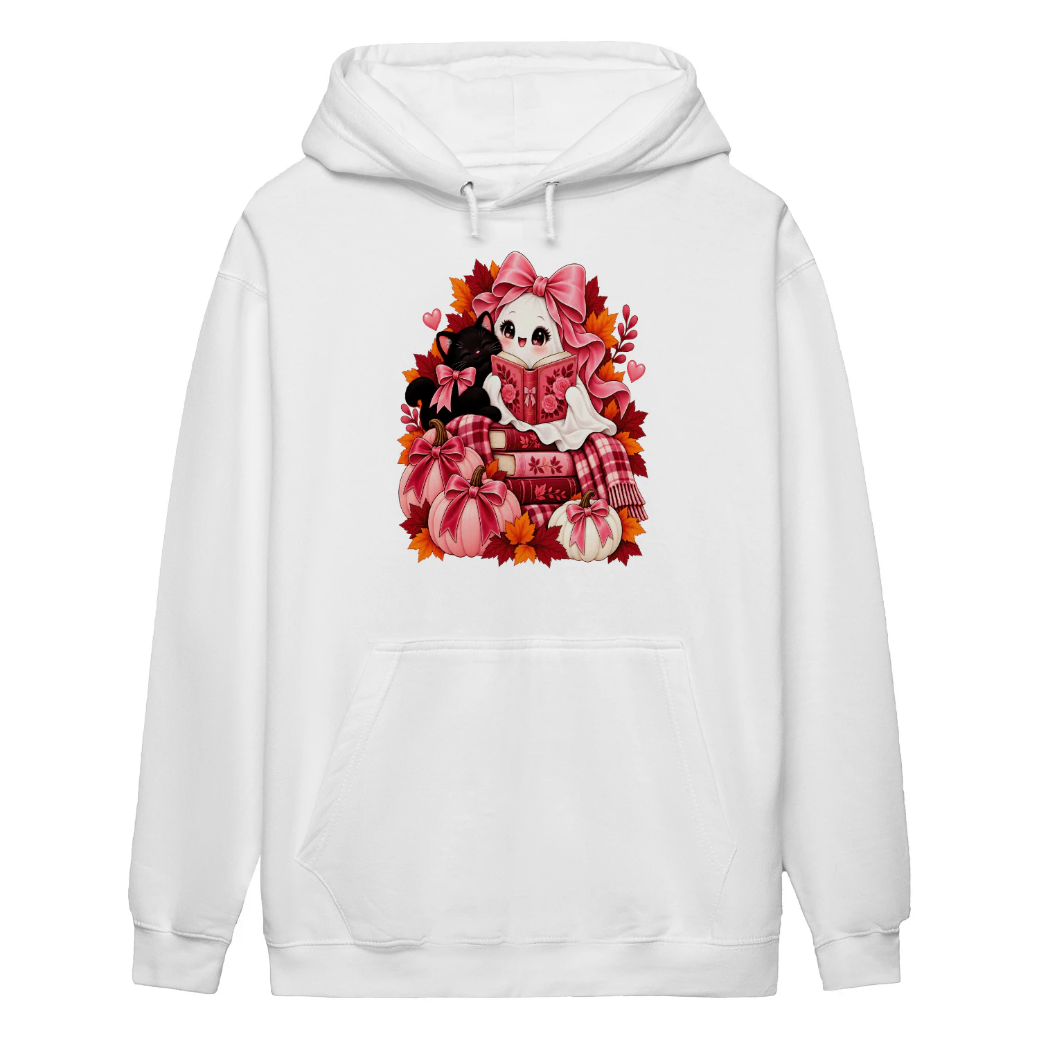 Pink Coquette Reading Ghost Black Cat Halloween Book Lover Crewneck Sweatshirt