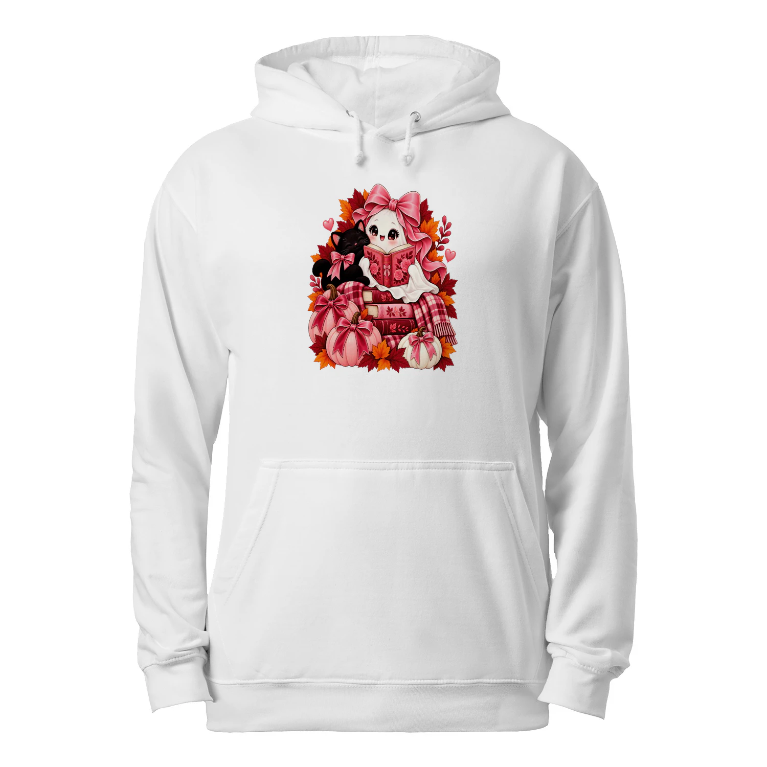 Pink Coquette Reading Ghost Black Cat Halloween Book Lover Crewneck Sweatshirt