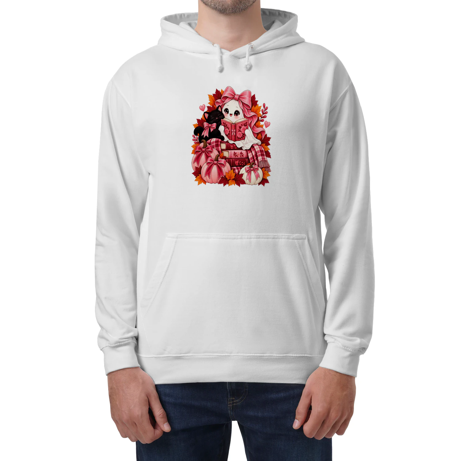 Pink Coquette Reading Ghost Black Cat Halloween Book Lover Crewneck Sweatshirt