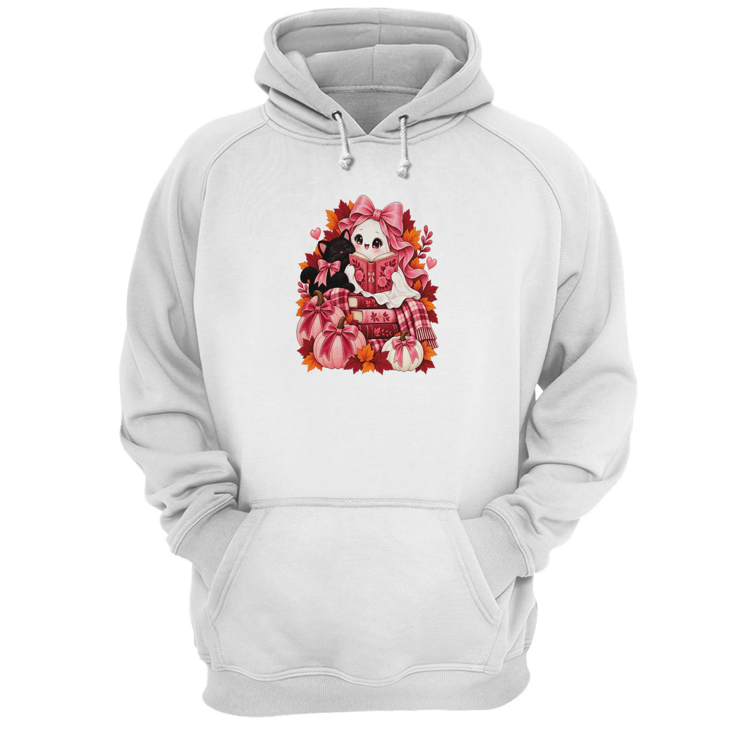 Pink Coquette Reading Ghost Black Cat Halloween Book Lover Crewneck Sweatshirt