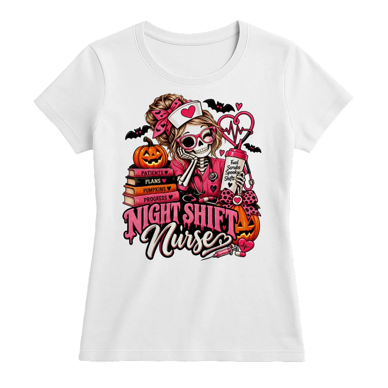 Night Shift nursePink Skeleton Nurse Halloween Spooky Shift T-Shirt