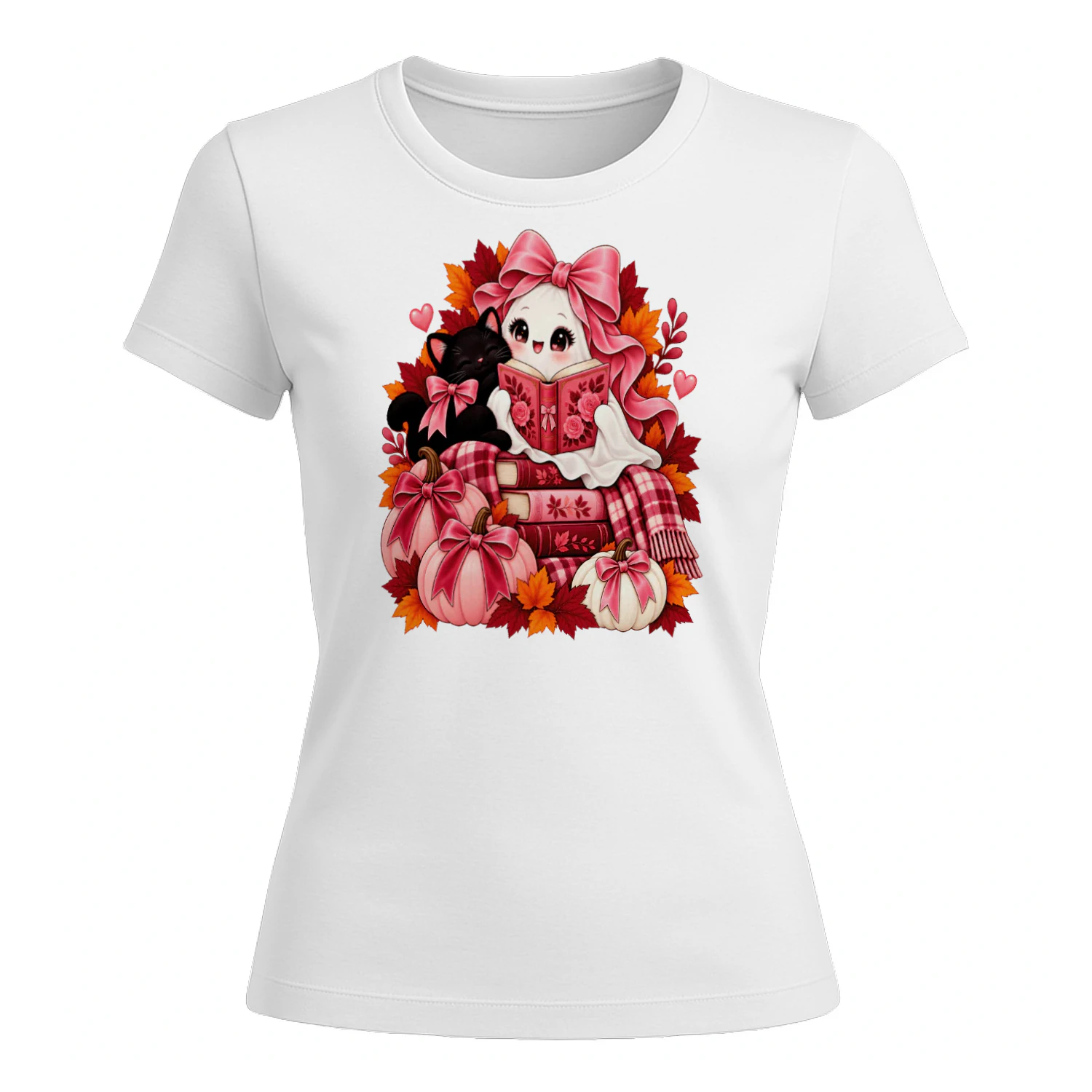 halloween +cPink Coquette Reading Ghost Black Cat Halloween Book Lover T-Shirtat+book