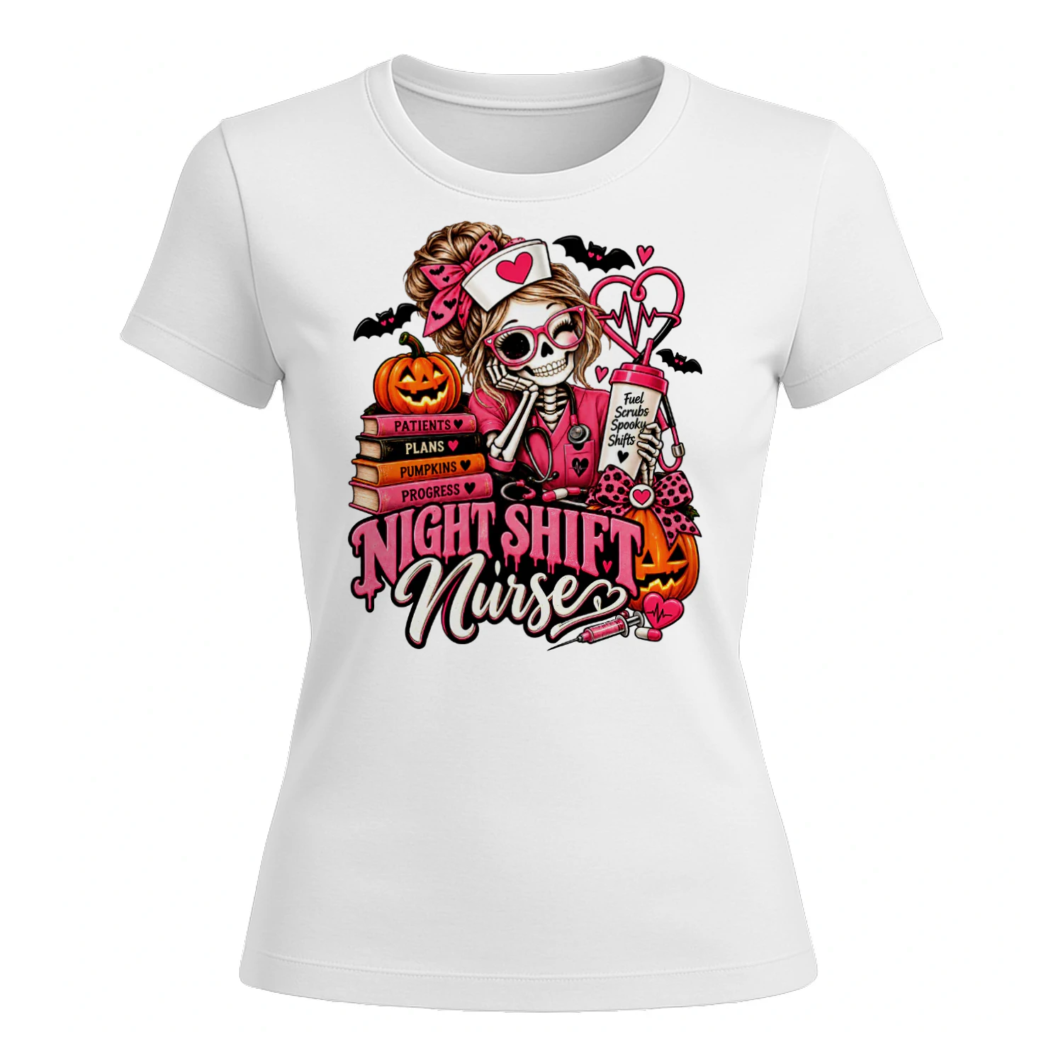 Night Shift nursePink Skeleton Nurse Halloween Spooky Shift T-Shirt