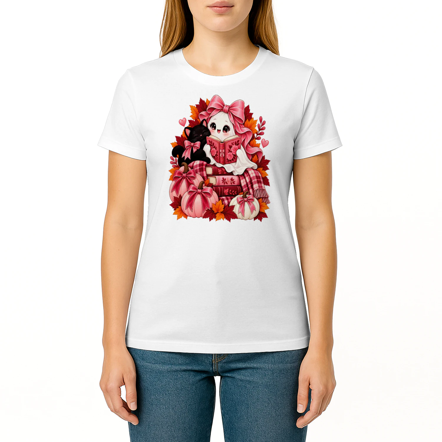halloween +cPink Coquette Reading Ghost Black Cat Halloween Book Lover T-Shirtat+book