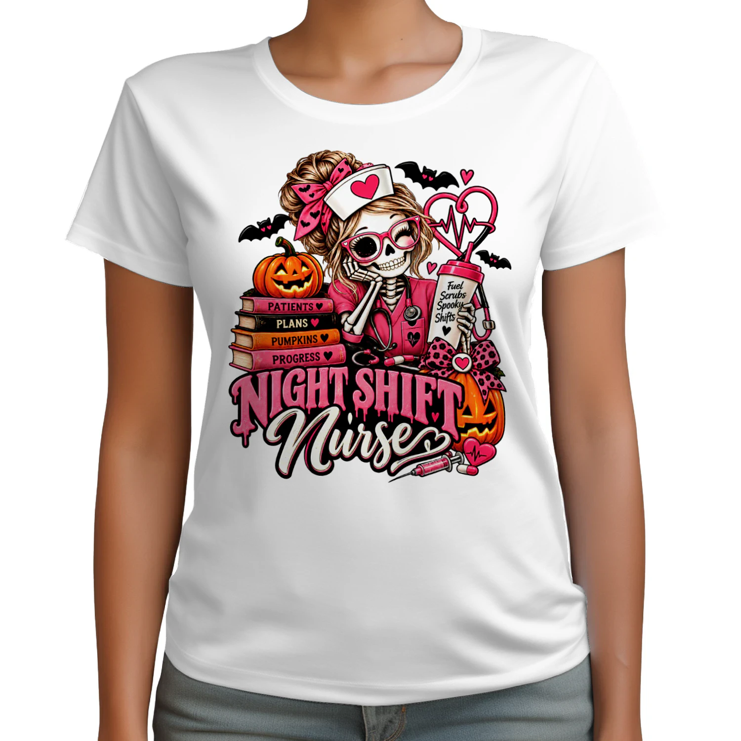 Night Shift nursePink Skeleton Nurse Halloween Spooky Shift T-Shirt