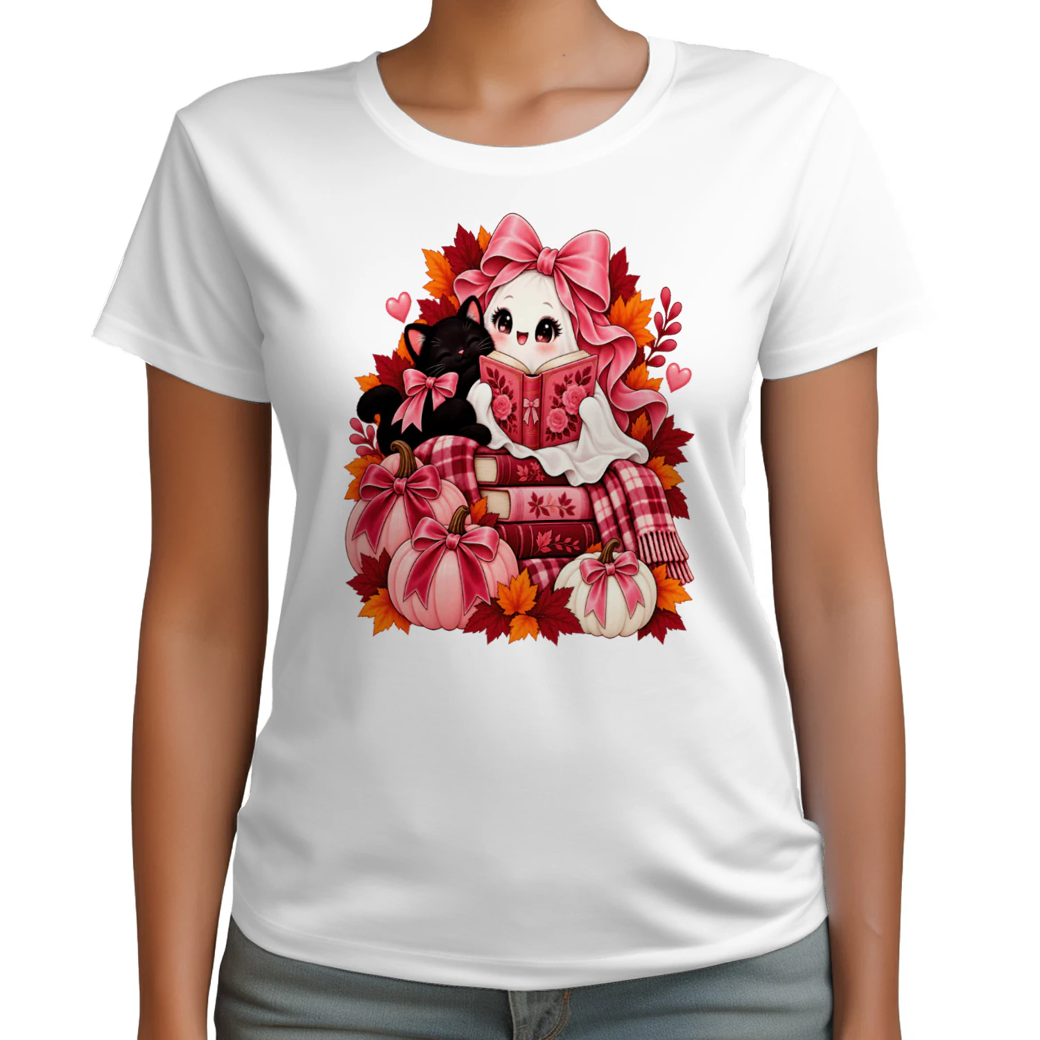 halloween +cPink Coquette Reading Ghost Black Cat Halloween Book Lover T-Shirtat+book