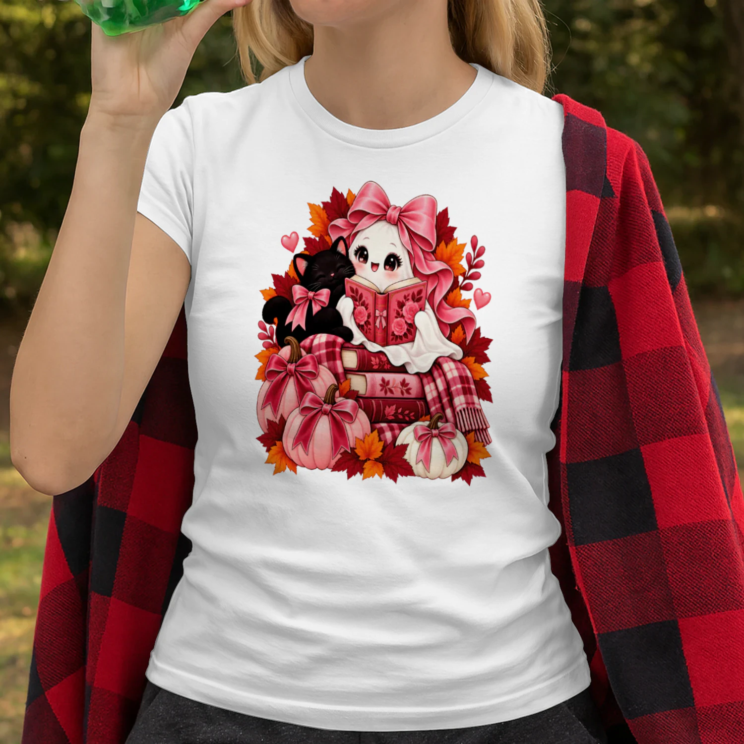 halloween +cPink Coquette Reading Ghost Black Cat Halloween Book Lover T-Shirtat+book