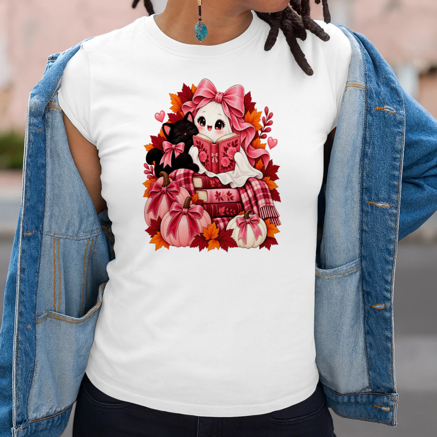 halloween +cPink Coquette Reading Ghost Black Cat Halloween Book Lover T-Shirtat+book