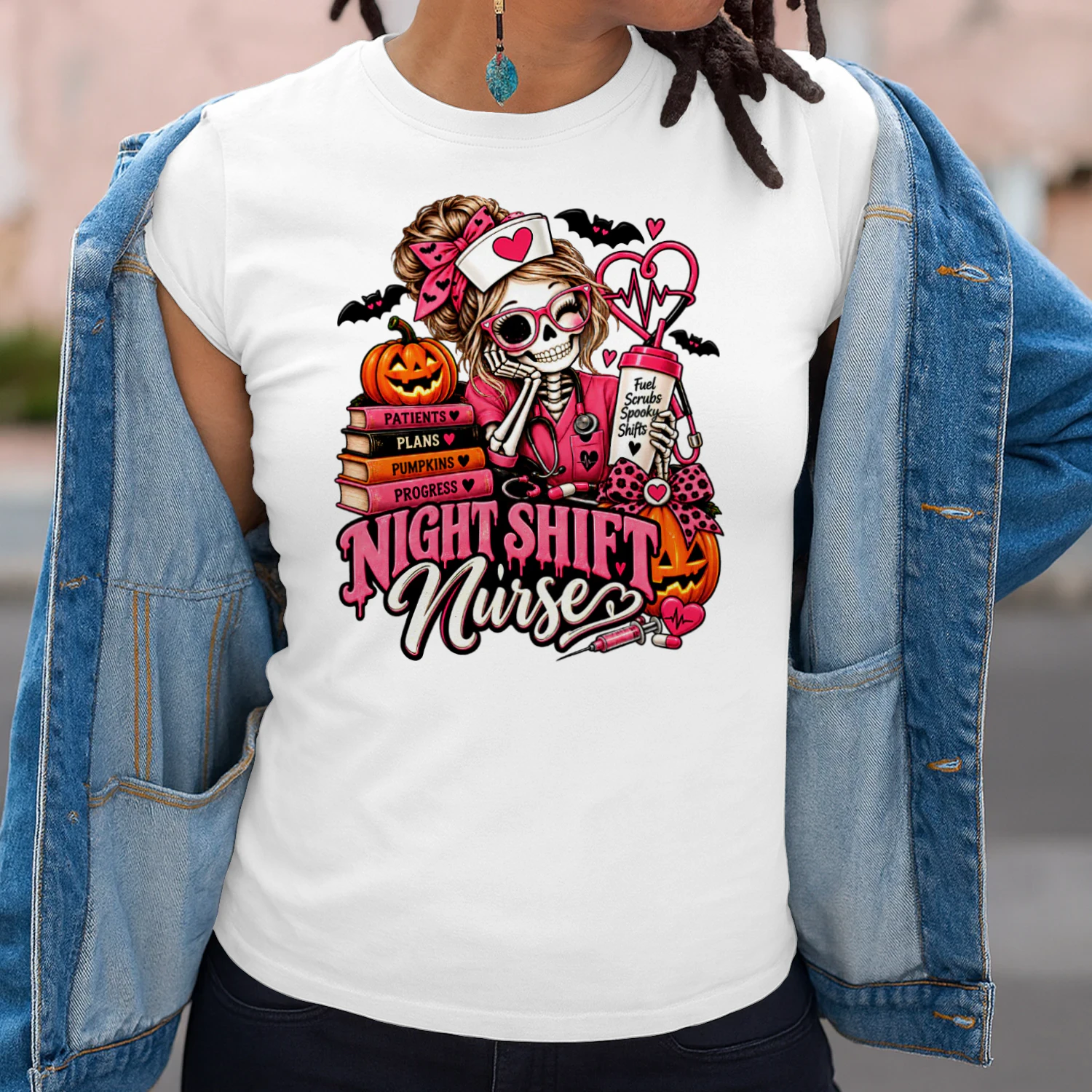 Night Shift nursePink Skeleton Nurse Halloween Spooky Shift T-Shirt