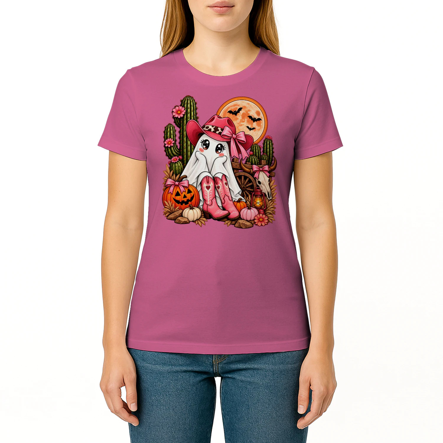 Cute Cowgirl Ghost Retro Western Halloween Pink Cowboy Hat t-shirt