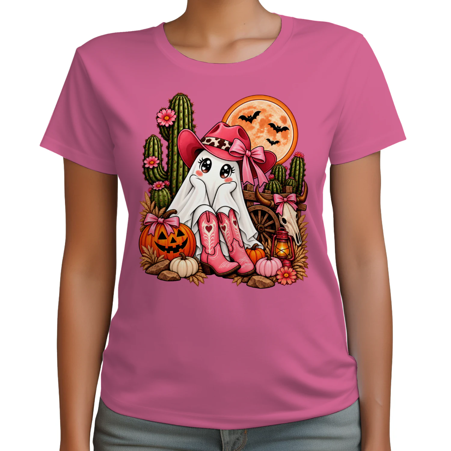 Cute Cowgirl Ghost Retro Western Halloween Pink Cowboy Hat t-shirt