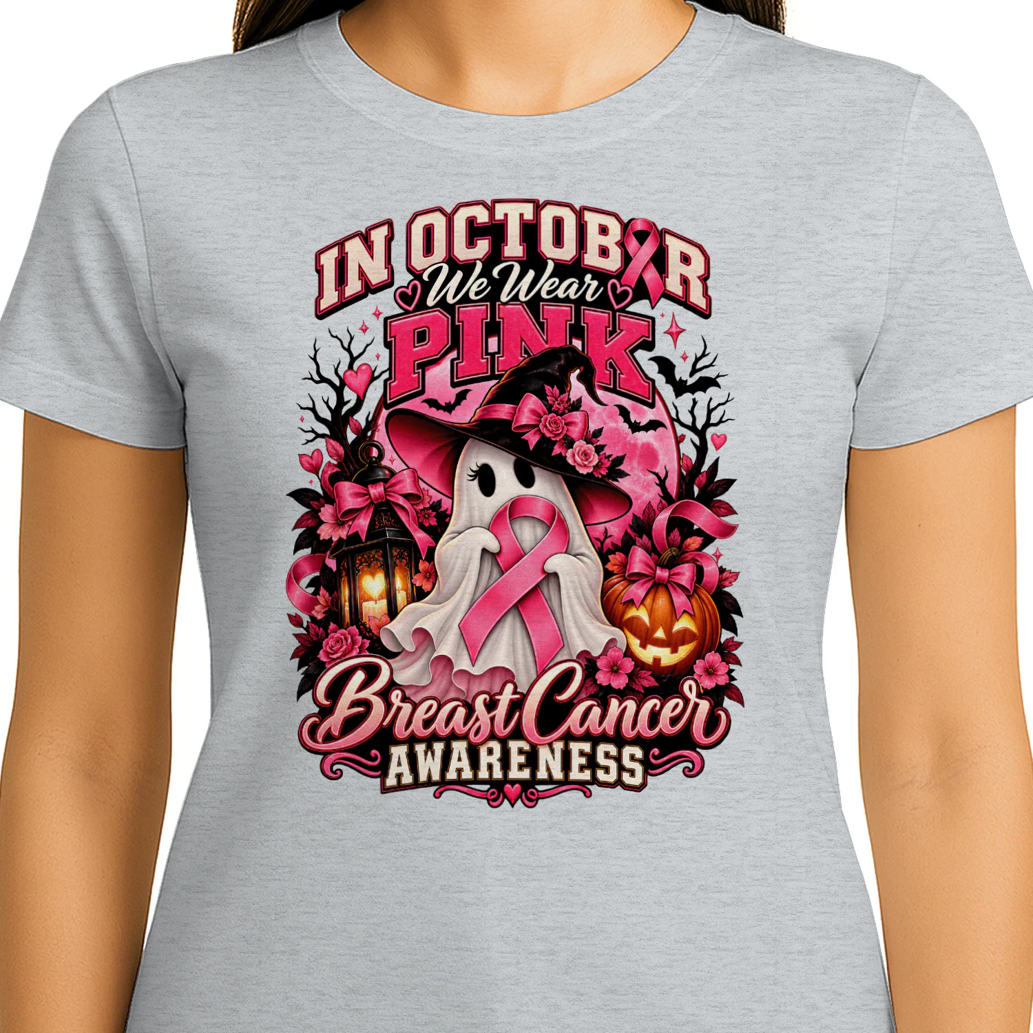 in october we wear pink, Ghost Witch Breast Cancer Awareness Halloween T-Shirt