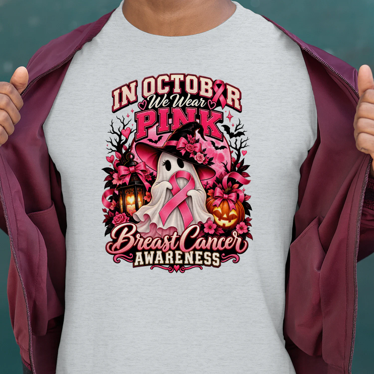 in october we wear pink, Ghost Witch Breast Cancer Awareness Halloween T-Shirt