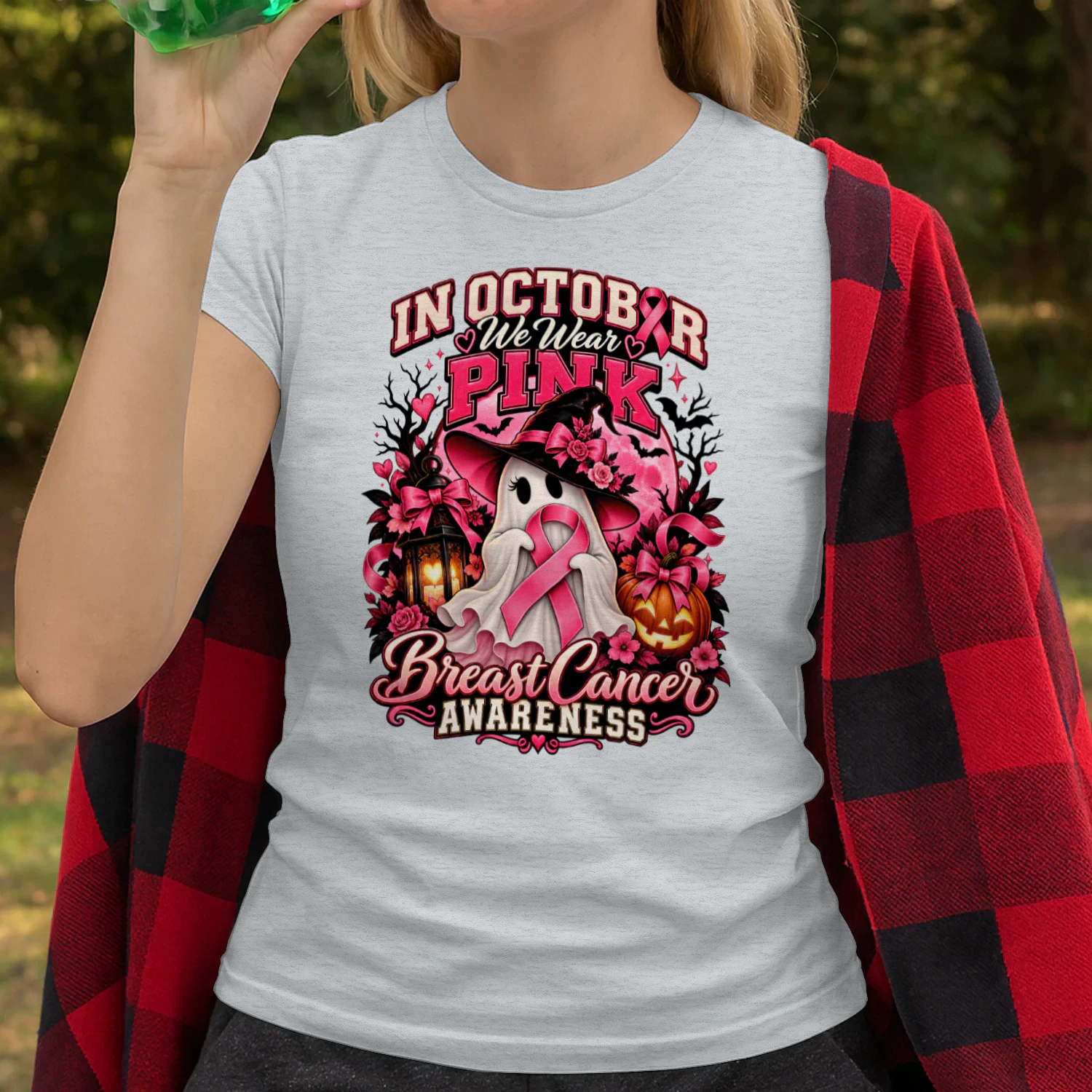 in october we wear pink, Ghost Witch Breast Cancer Awareness Halloween T-Shirt