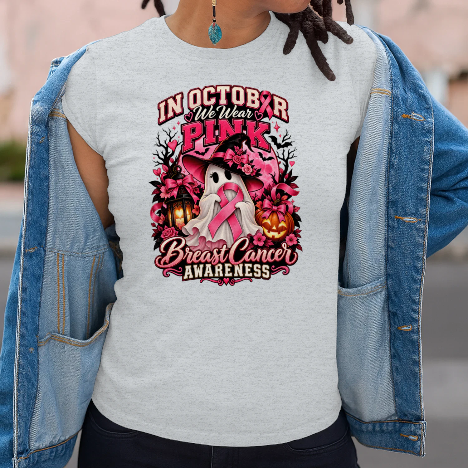 in october we wear pink, Ghost Witch Breast Cancer Awareness Halloween T-Shirt
