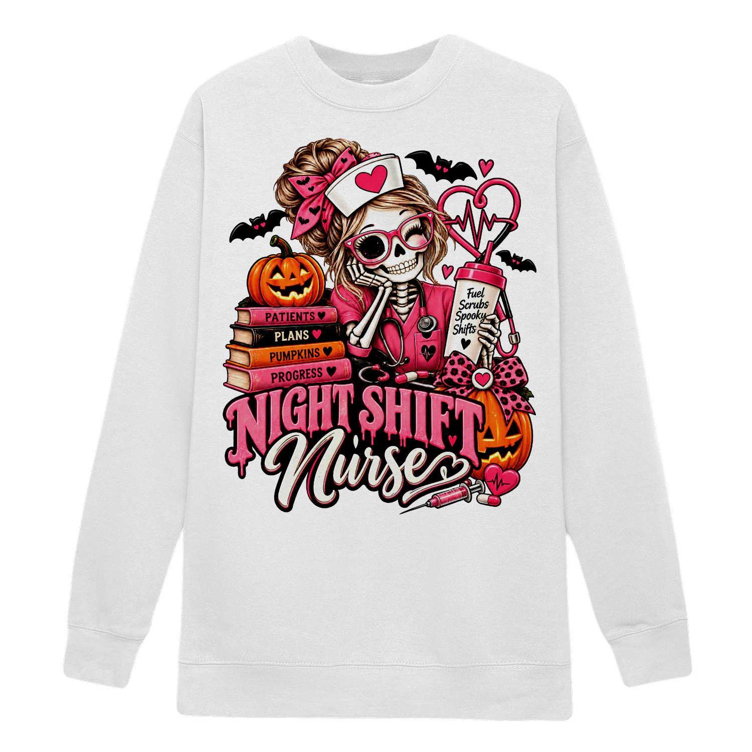 Night ShiftPink Skeleton Nurse Halloween Spooky Shift Crewneck Sweatshirt nurse
