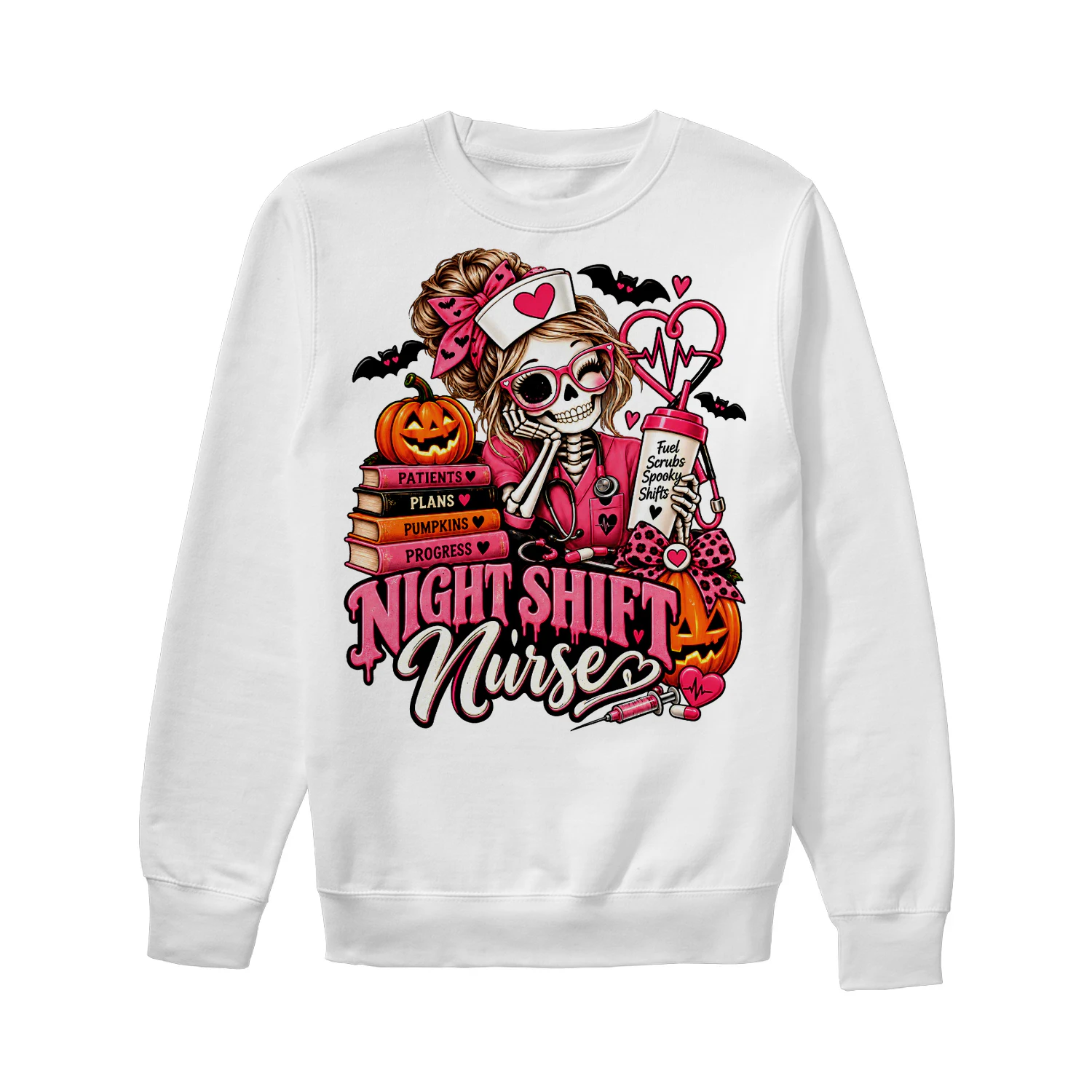 Night ShiftPink Skeleton Nurse Halloween Spooky Shift Crewneck Sweatshirt nurse