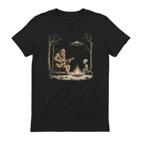 Guitar Bigfoot and Alien Campfire Guitar T-Shirt