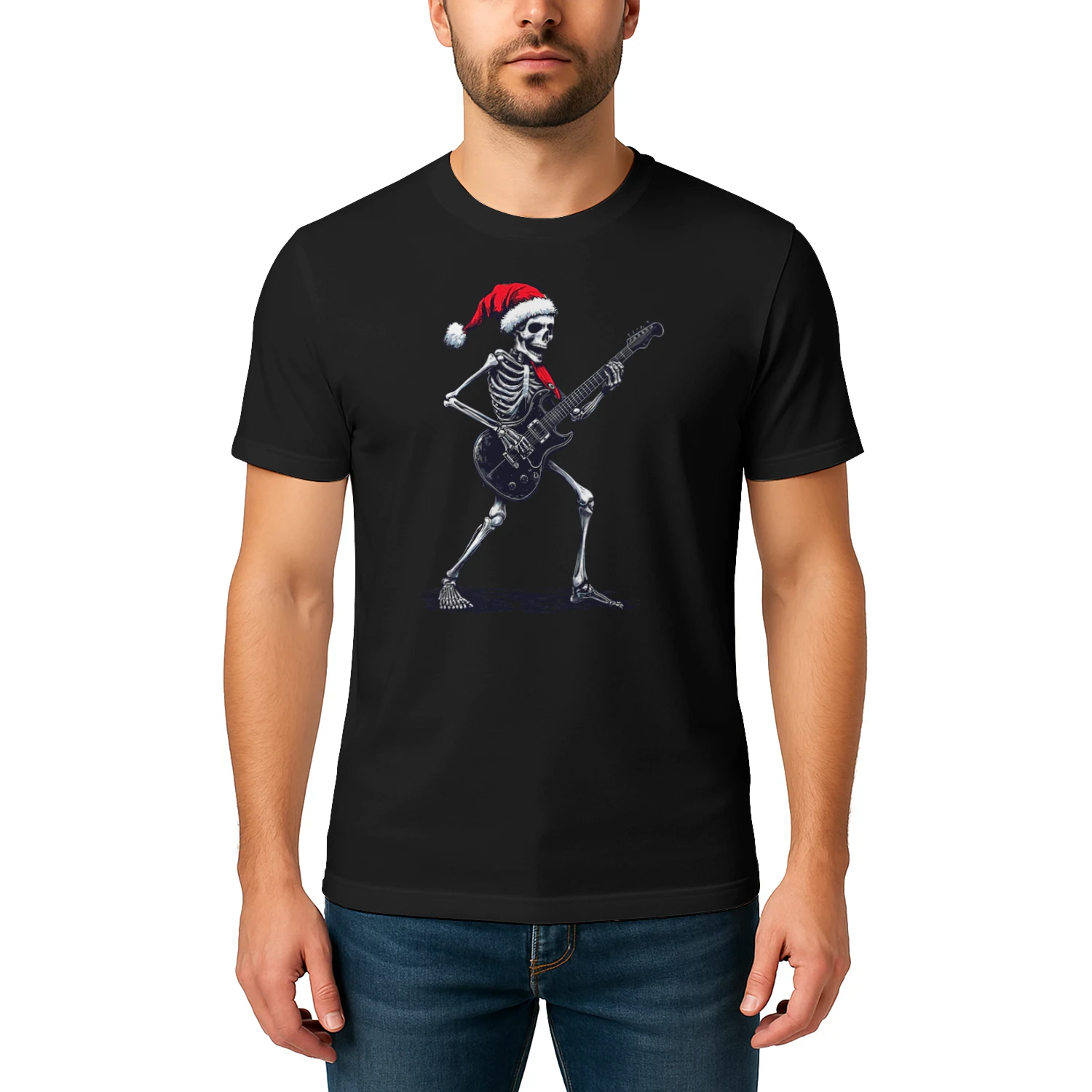 Christmas Santa Skeleton Playing Electric Guitar - Guitarist Christmas T-Shirt