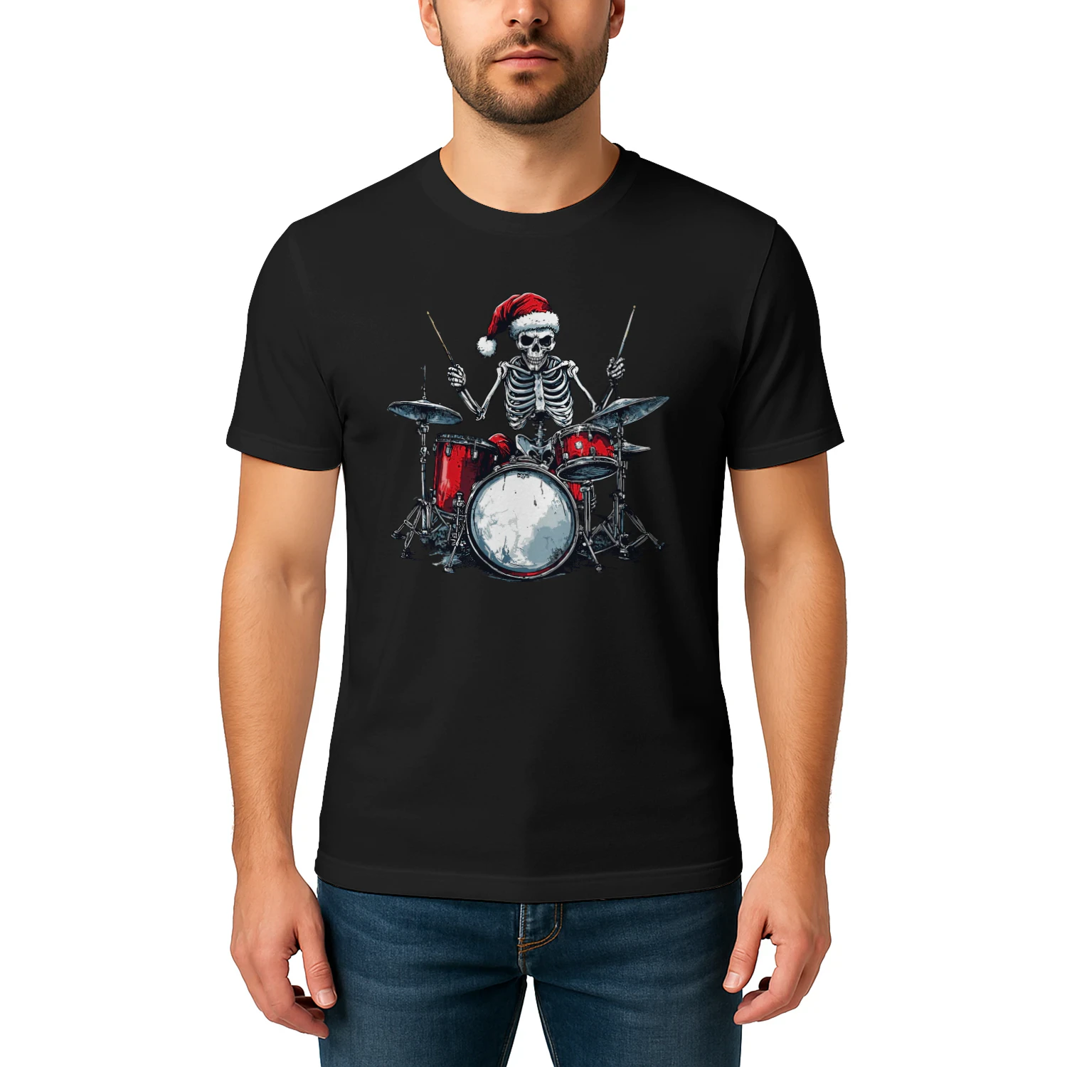 Christmas Santa Skeleton Playing Drum Percussionist Drummer Christmas T-Shirt