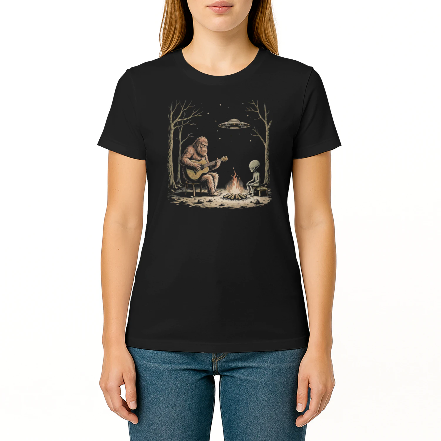 Guitar Bigfoot and Alien Campfire Guitar T-Shirt