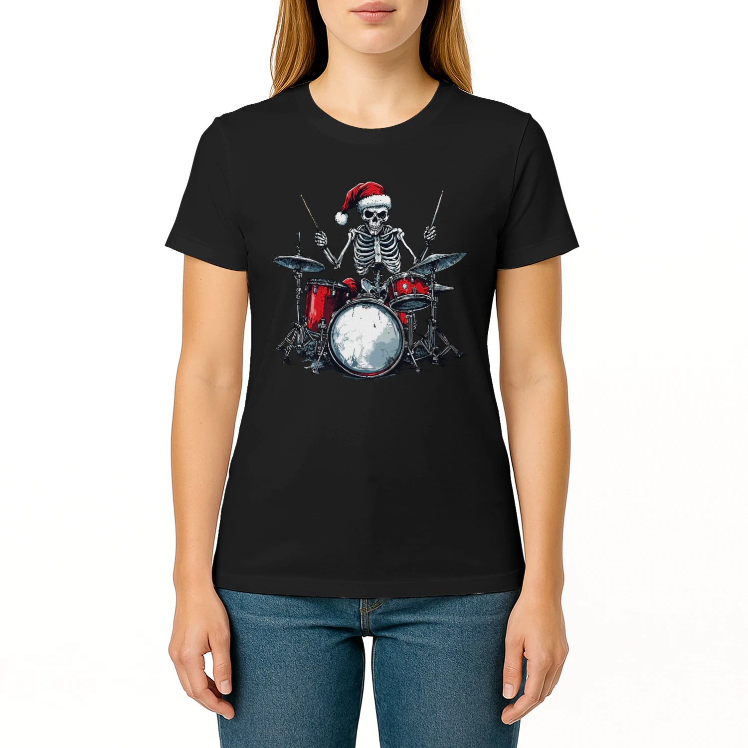Christmas Santa Skeleton Playing Drum Percussionist Drummer Christmas T-Shirt
