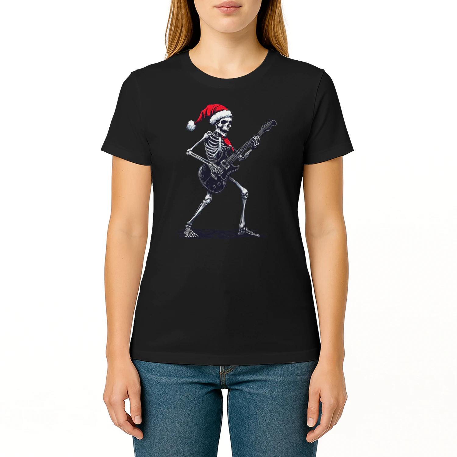 Christmas Santa Skeleton Playing Electric Guitar - Guitarist Christmas T-Shirt