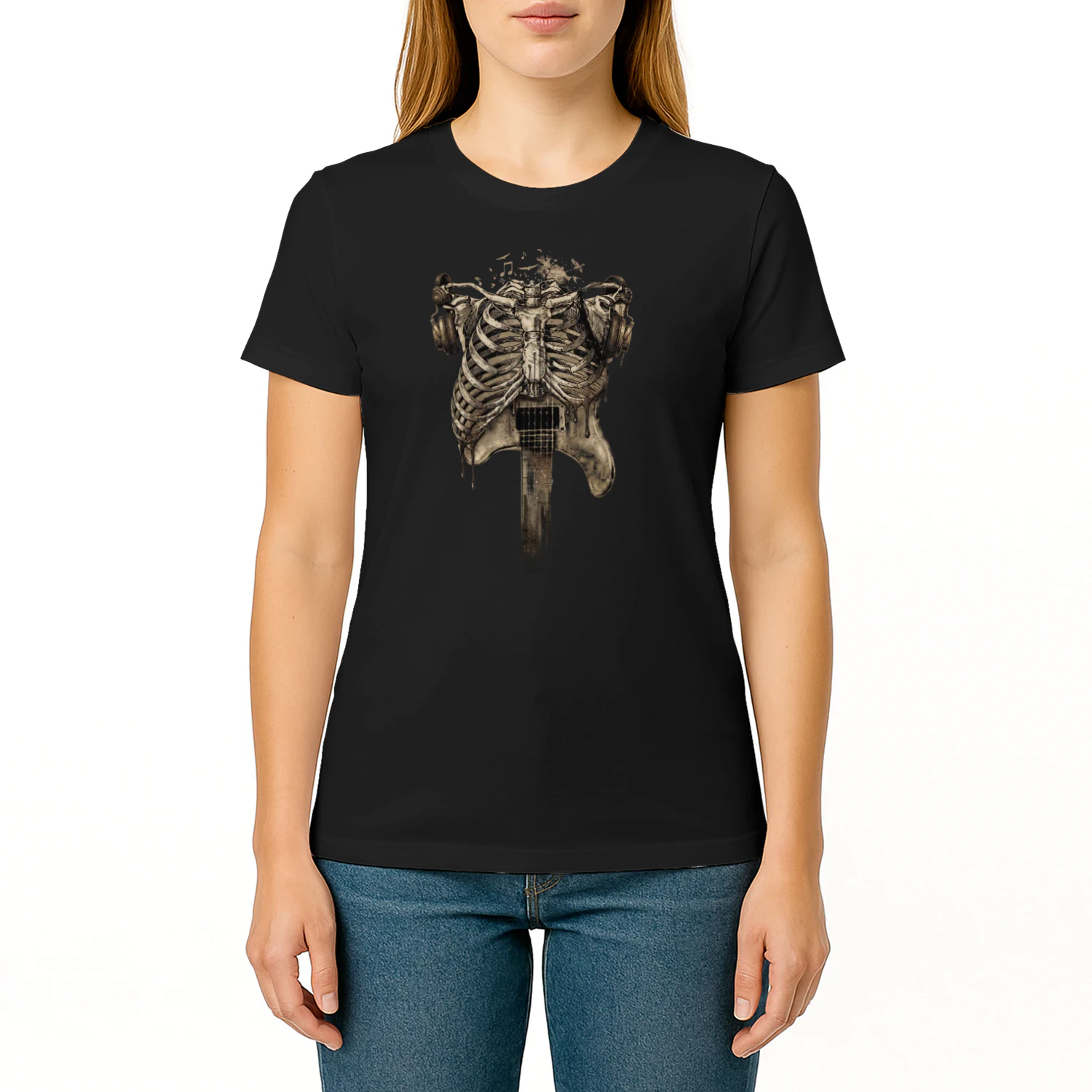 Guitar Aesthetic Rockstar Skeleton T-shirt - Vintage Dark Art Music Lover Tee