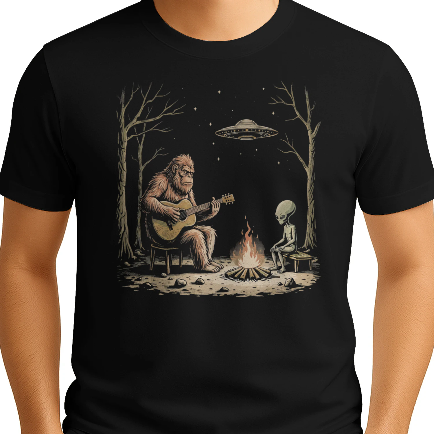 Guitar Bigfoot and Alien Campfire Guitar T-Shirt