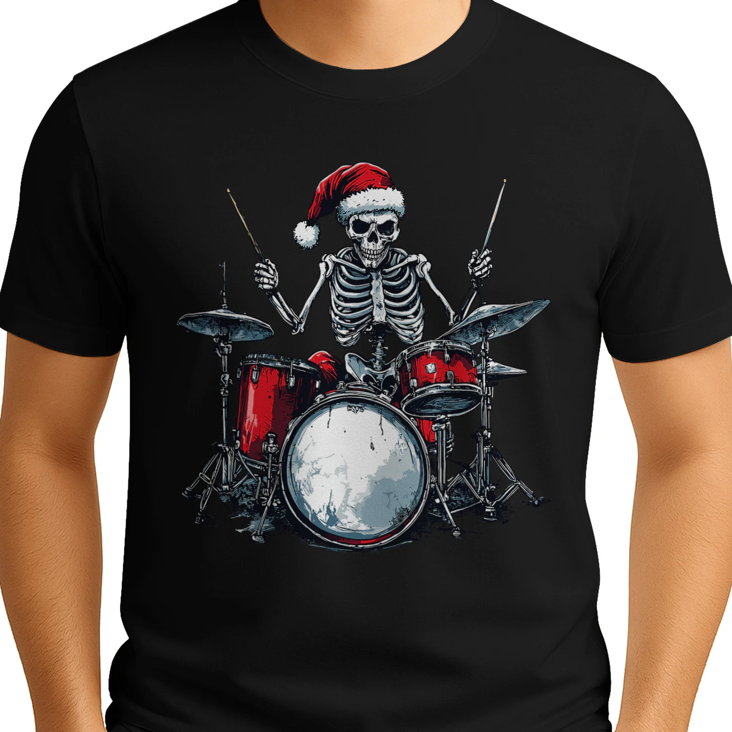 Christmas Santa Skeleton Playing Drum Percussionist Drummer Christmas T-Shirt