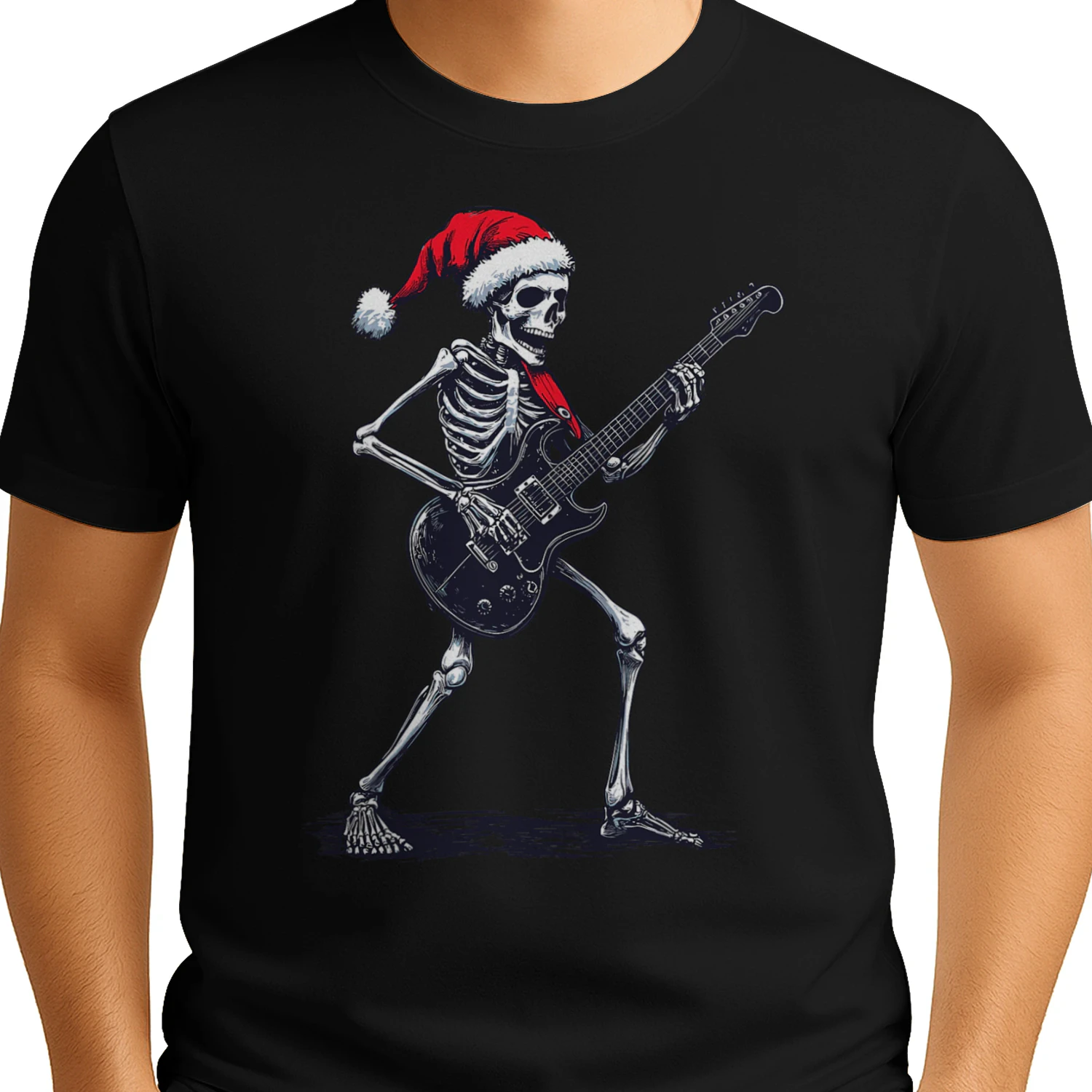Christmas Santa Skeleton Playing Electric Guitar - Guitarist Christmas T-Shirt