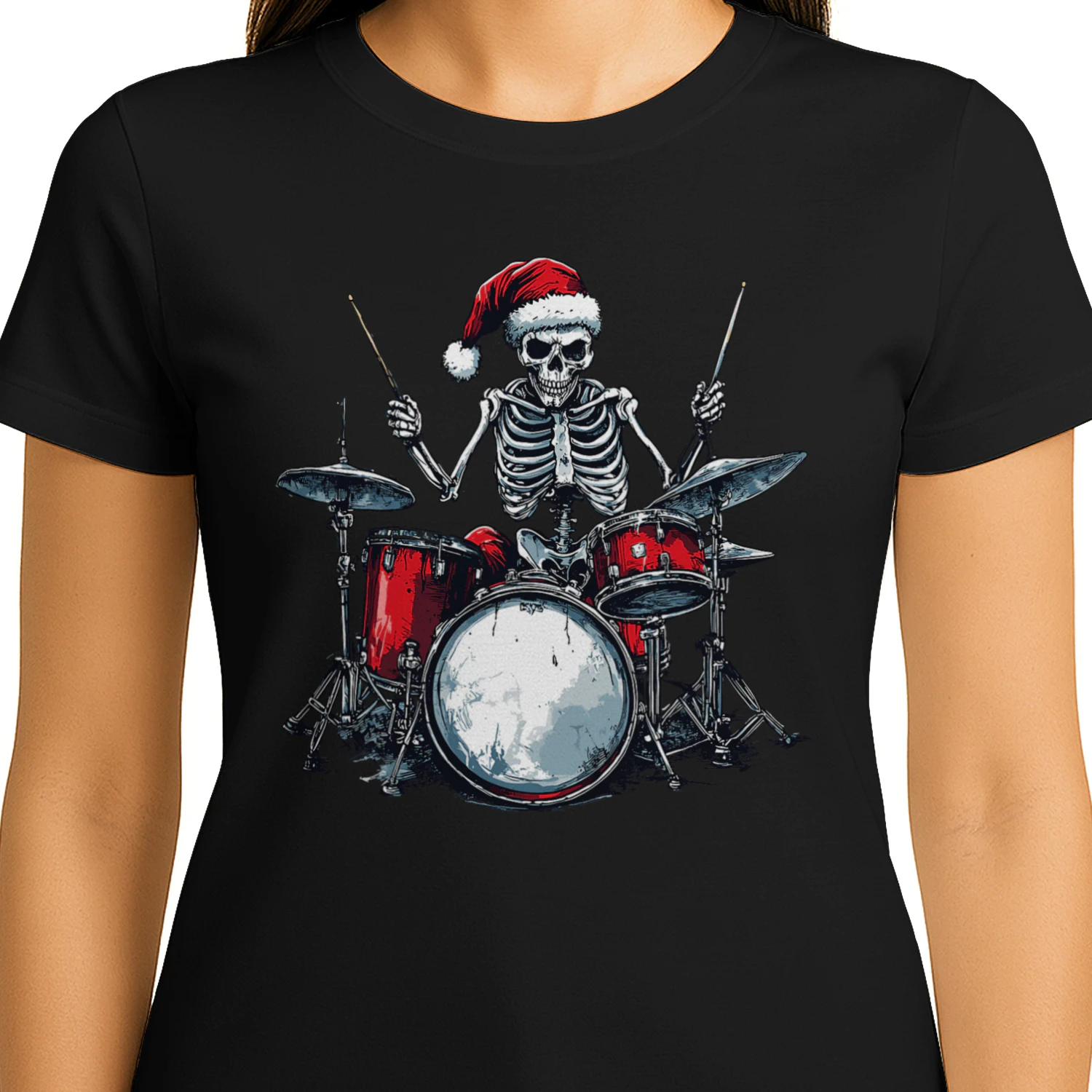 Christmas Santa Skeleton Playing Drum Percussionist Drummer Christmas T-Shirt
