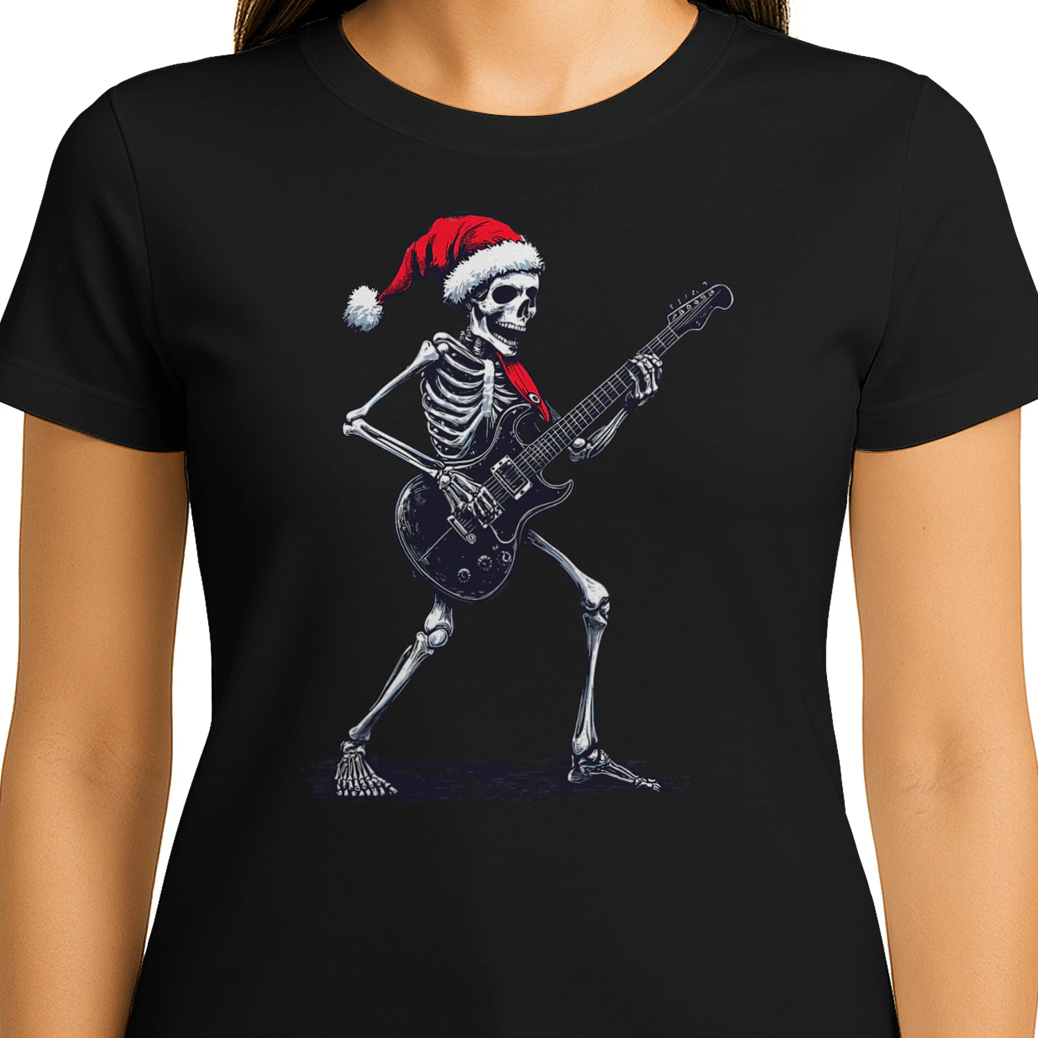 Christmas Santa Skeleton Playing Electric Guitar - Guitarist Christmas T-Shirt