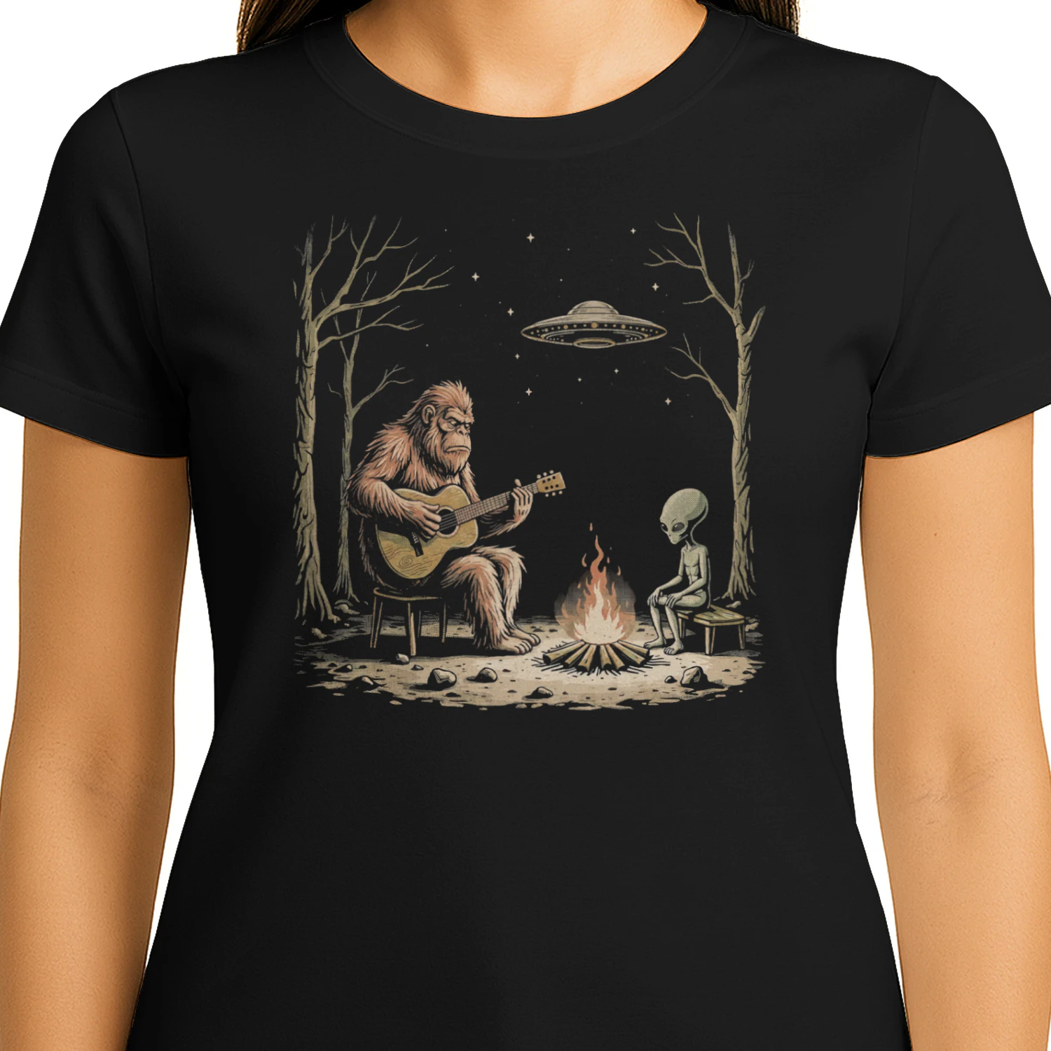 Guitar Bigfoot and Alien Campfire Guitar T-Shirt