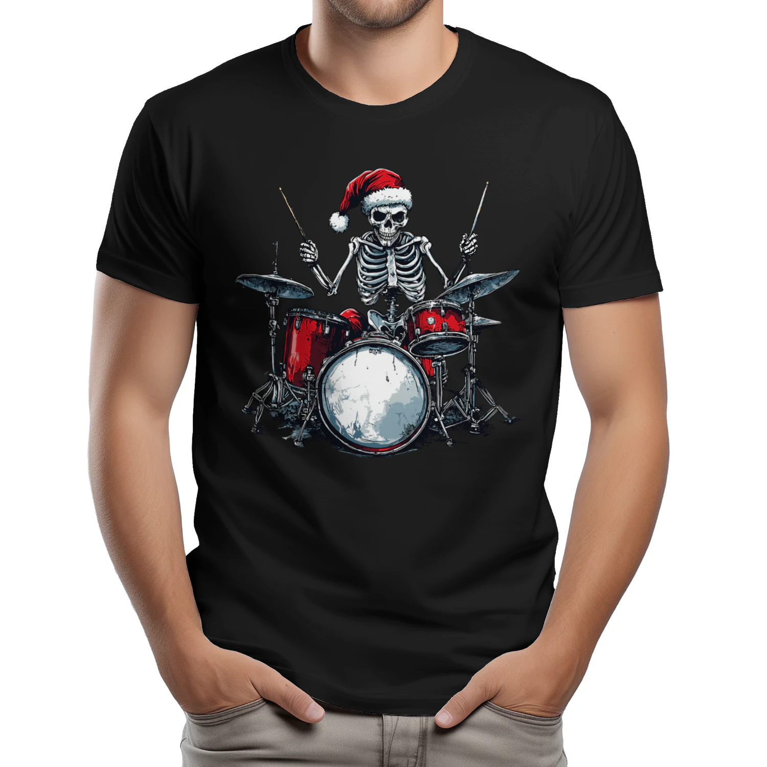 Christmas Santa Skeleton Playing Drum Percussionist Drummer Christmas T-Shirt